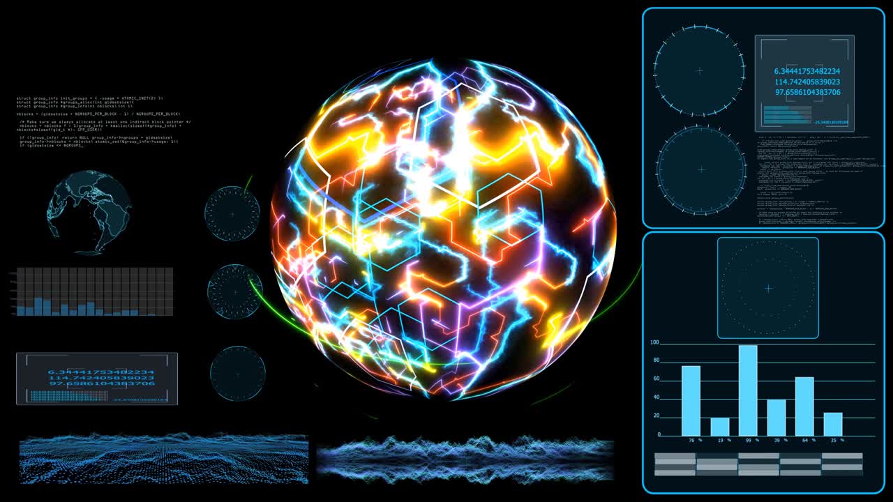 Quantum computer monitor futuristic technology digital holographic and high speed laser scan earth map to process and analysis for big data