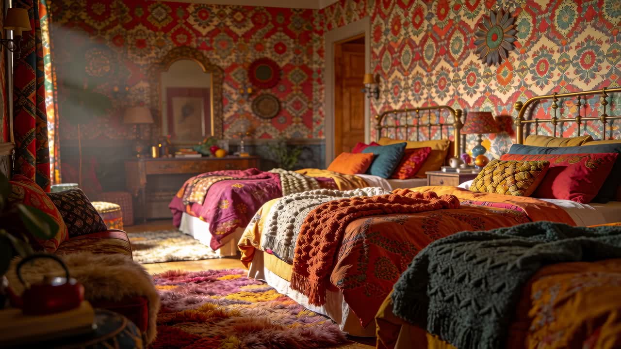 Dolly camera scorrevole che parte da destra attraverso una camera da letto in stile boho, rivelando due letti singoli in ottone, trapunte e cuscini
