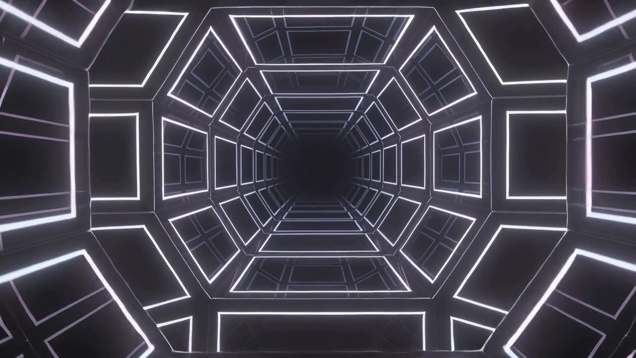 Moving camera pushing LED hex tunnel receding into dark void for depth, pulsing LEDs, purple sheen