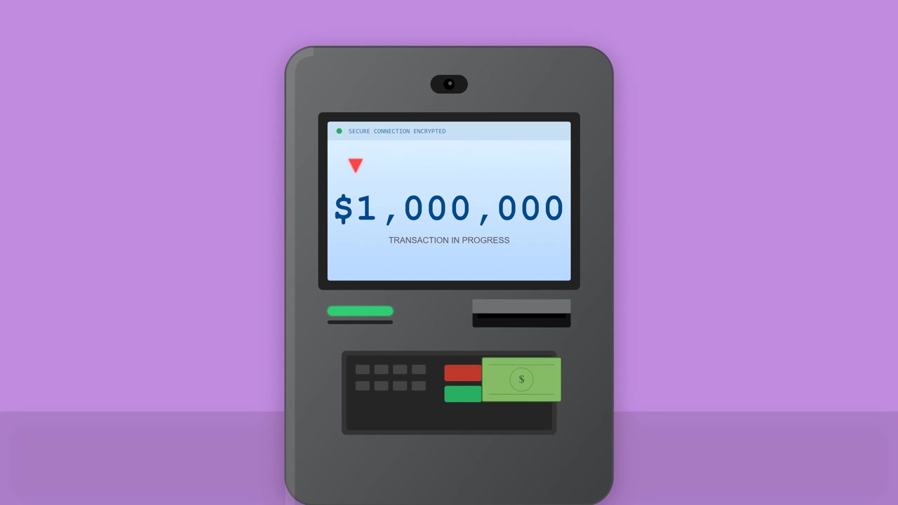 Bancomat animato che eroga contanti con una transazione da un milione di dollari