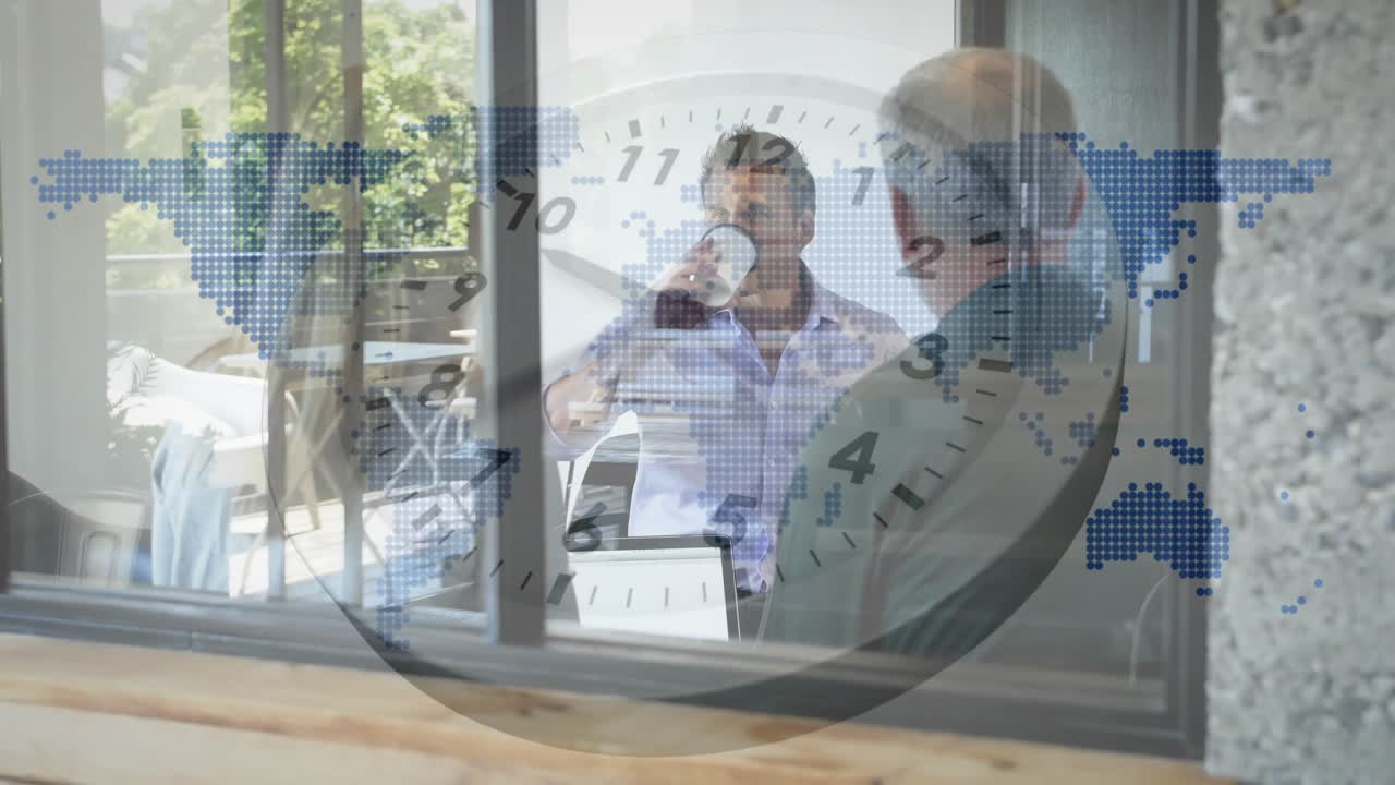 Colleague entering office, sipping coffee and initiating business meeting with map clock overlay