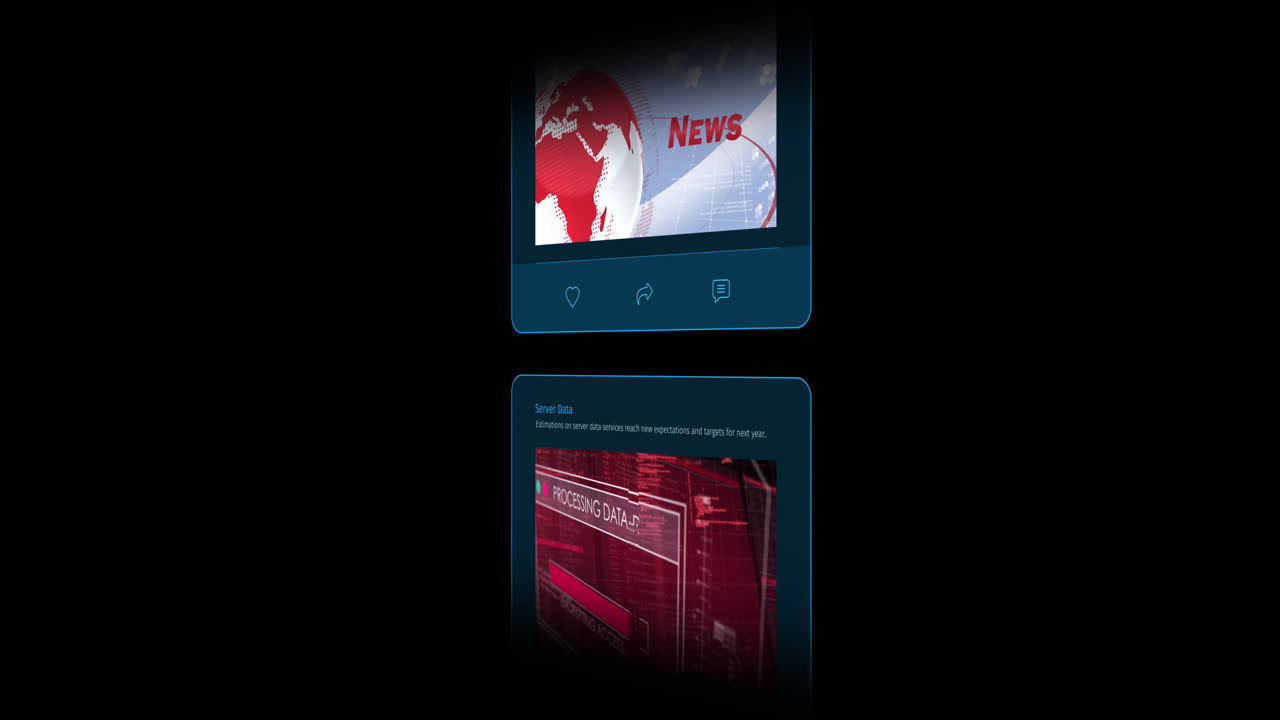 Animation of interface with social media posts on black background