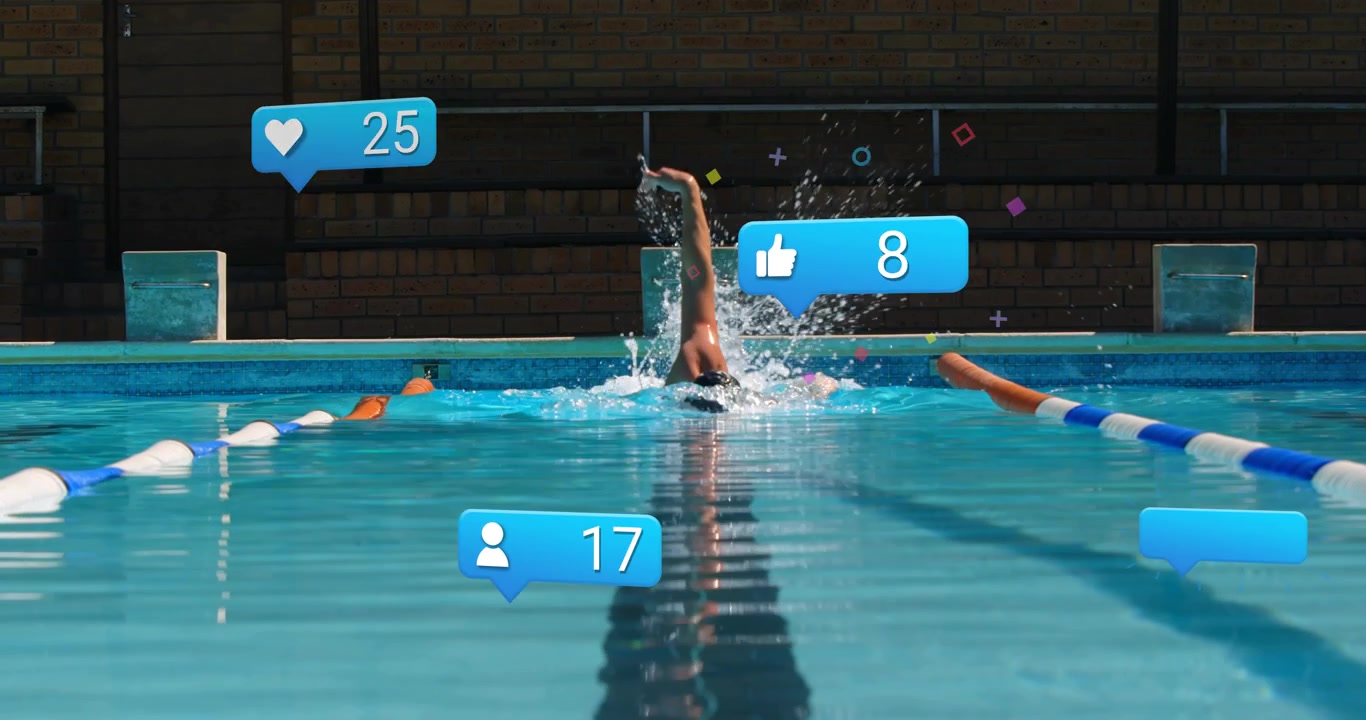 Homem se impulsionando na borda e nadando crawl na piscina, mostrando ícones que visualizam o engajamento nas redes sociais.