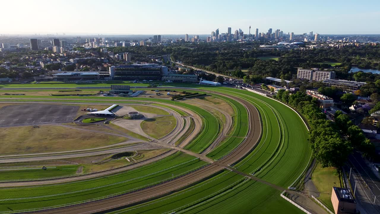 Drone aerial scenic view Royal Randwick racecourse CBD City skyline track equestrian grass horse racing field Sydney NSW Eastern Suburbs Randwick Kensington Australia 4K