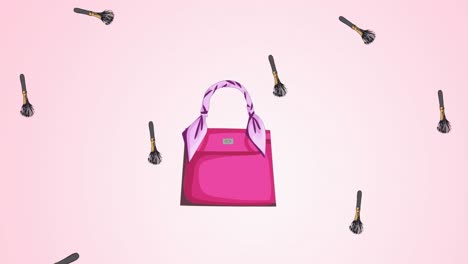 animation of powder brush and handbag on white background