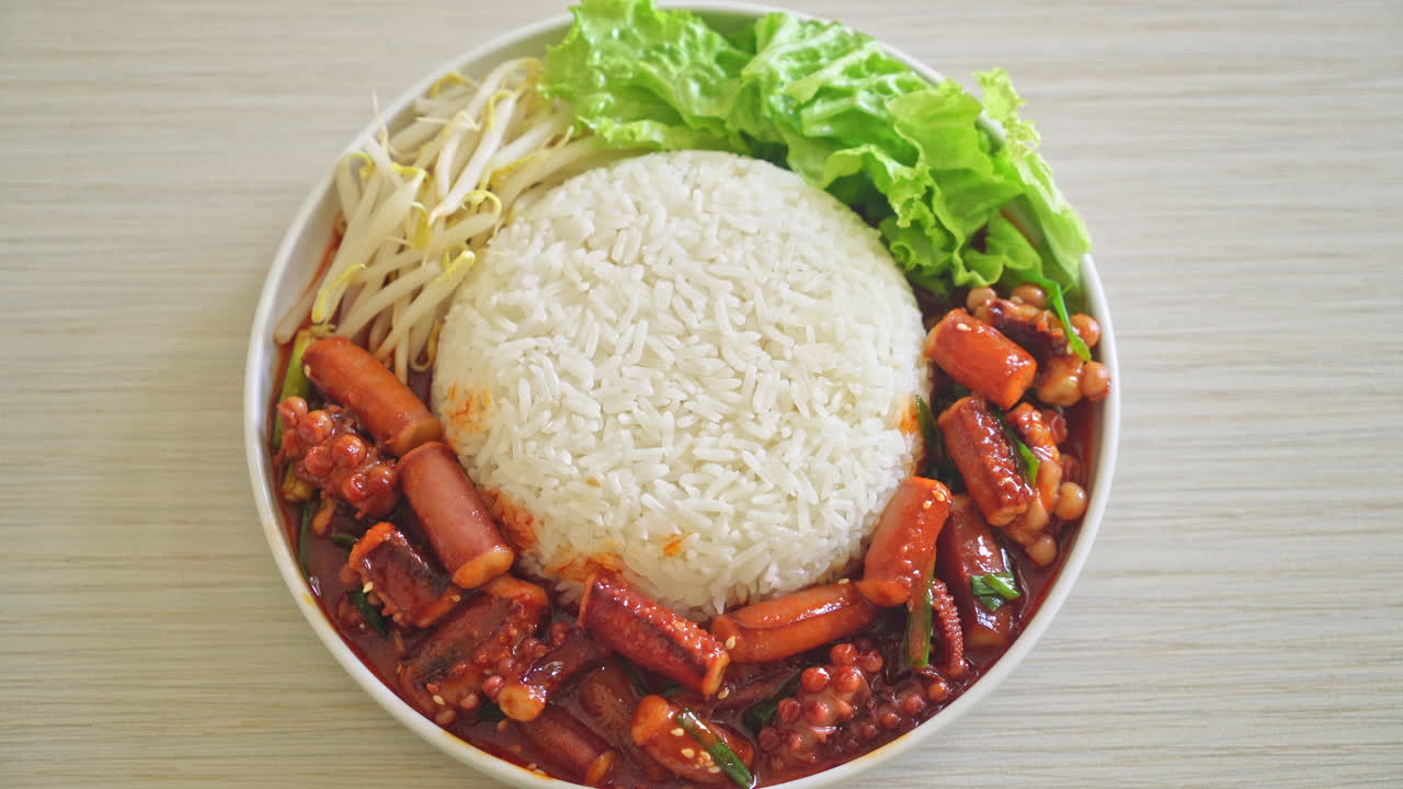 ojing-o-bokeum - calamares salteados o pulpo con tazón de arroz con salsa picante coreana - estilo de comida coreana