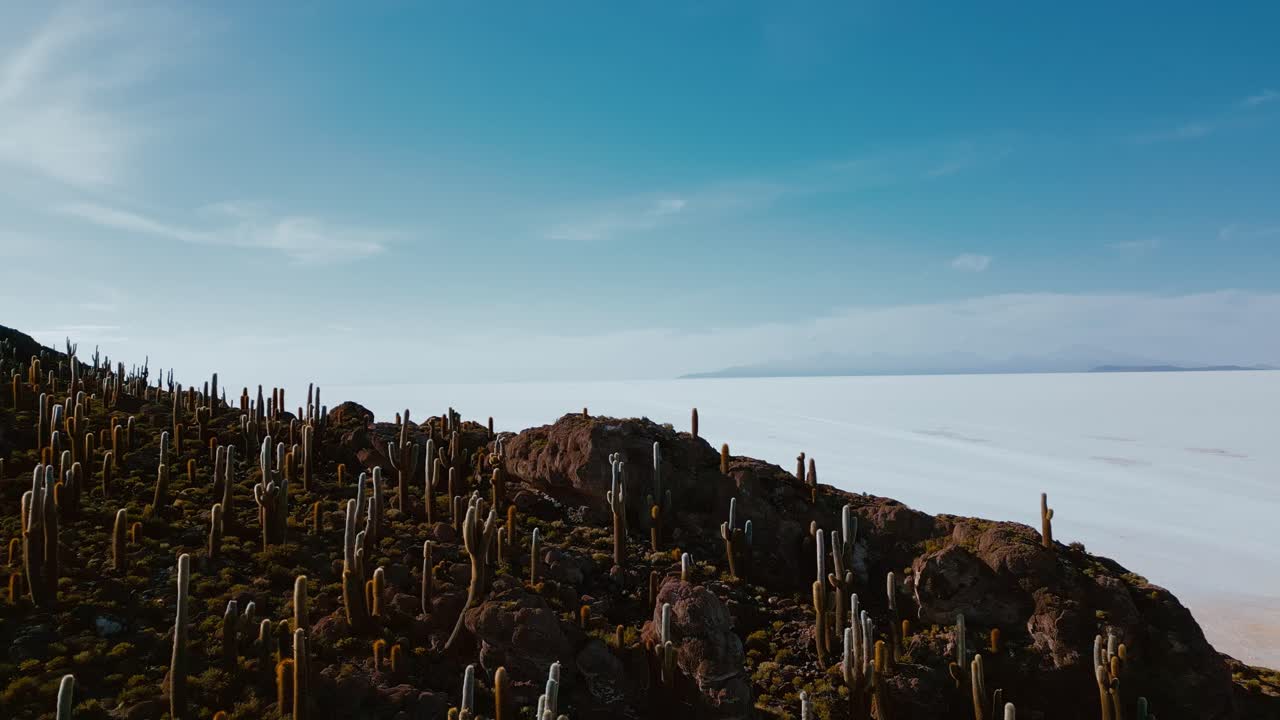 Discover the unparalleled beauty of Bolivia's natural marvels at sunrise with mesmerizing drone footage featuring Isla Incahuasi, Salar de Uyuni's vast salt flats