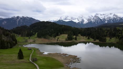 aerial view of mountain lake geroldsee in bavarian alps