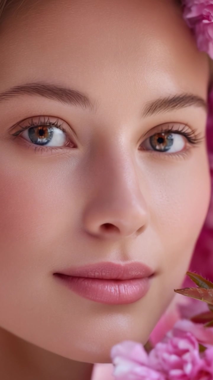 Primo piano accattivante di una giovane donna circondata da fiori vivaci, che mostra pelle fresca e bellezza naturale, con illuminazione soffusa ed espressioni delicate.