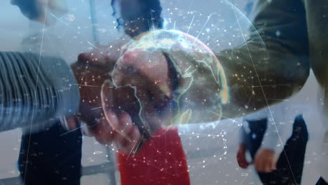 animation of globe network of connection over people shaking hands