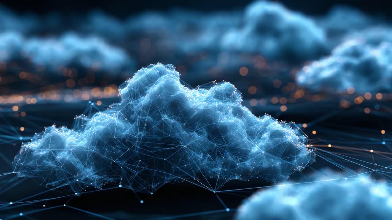 A Digital Representation of Clouds Enhanced with Network Connections and Light Effects, Capturing a 3D View of a Virtual Sky Filled with Data and Connectivity
