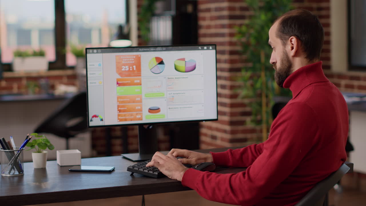 Office worker analyzing executive project to create research statistics