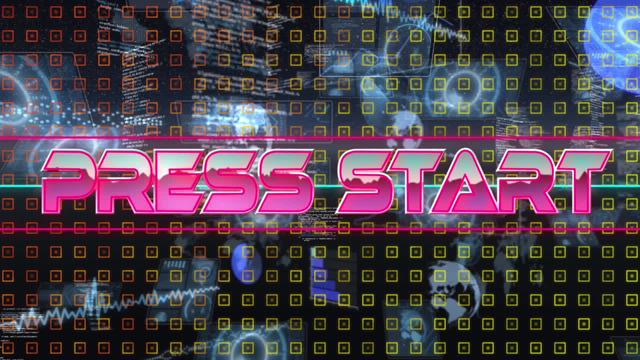 Animation of press start in digital colorful abstract space with screens