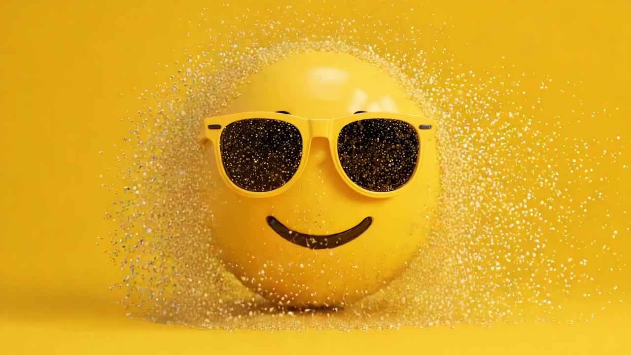 A vibrant yellow emoji with sunglasses radiates joy and fun surrounded by a shimmering backdrop, creating a captivating visual that encapsulates summer vibes and positivity
