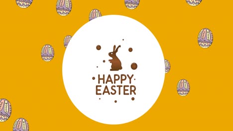 Animation-Von-Frohen-Ostern-Und-Hasen-Im-Kreis-über-Esser-Eiern-Auf-Gelbem-Hintergrund