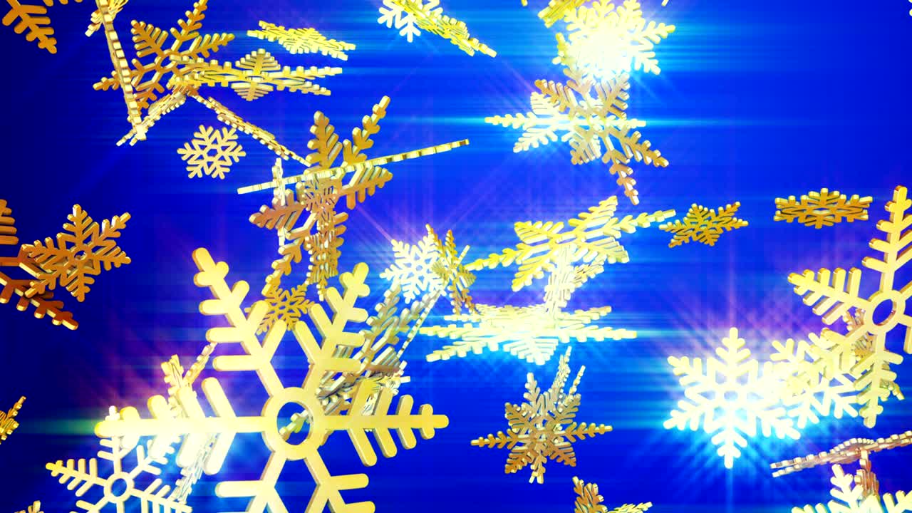 copos de nieve dorados cayendo sobre un fondo azul.