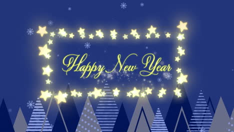 animation of happy new year greetings text in fairy lights frame over christmas winter scenery