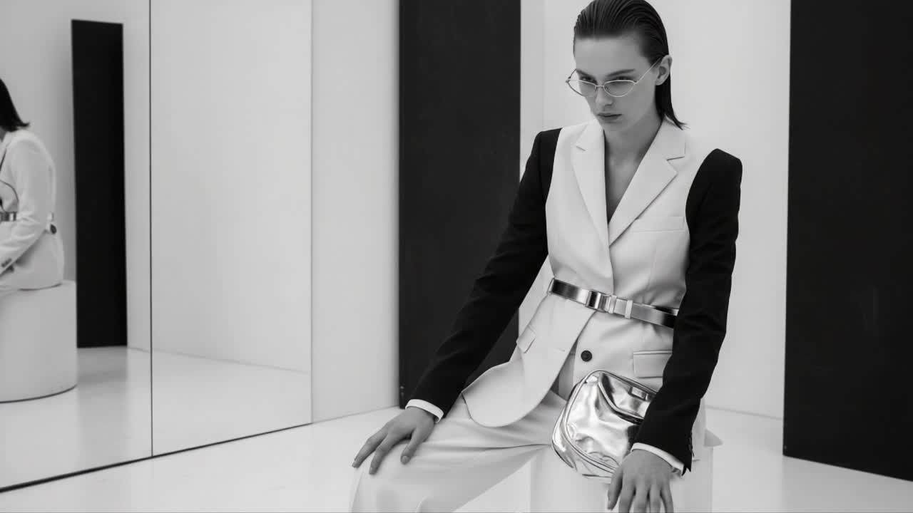 A Contemporary Fashion Portrait in Monochrome: A Model Dressed in Stylish Attire Poses with Elegance, Surrounded by Reflective Surfaces in a Minimalistic Setting