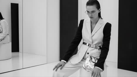 a contemporary fashion portrait in monochrome: a model dressed in stylish attire poses with elegance, surrounded by reflective surfaces in a minimalistic setting