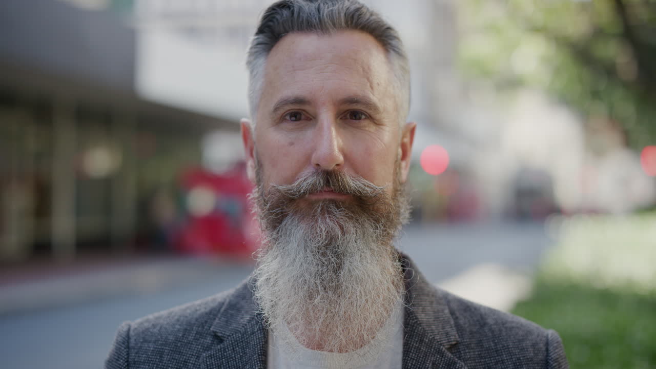 retrato de un hombre maduro mirando a la cámara serio hombre caucásico viajero de negocios que lleva un traje elegante en la ciudad urbana calle barba moda cámara lenta