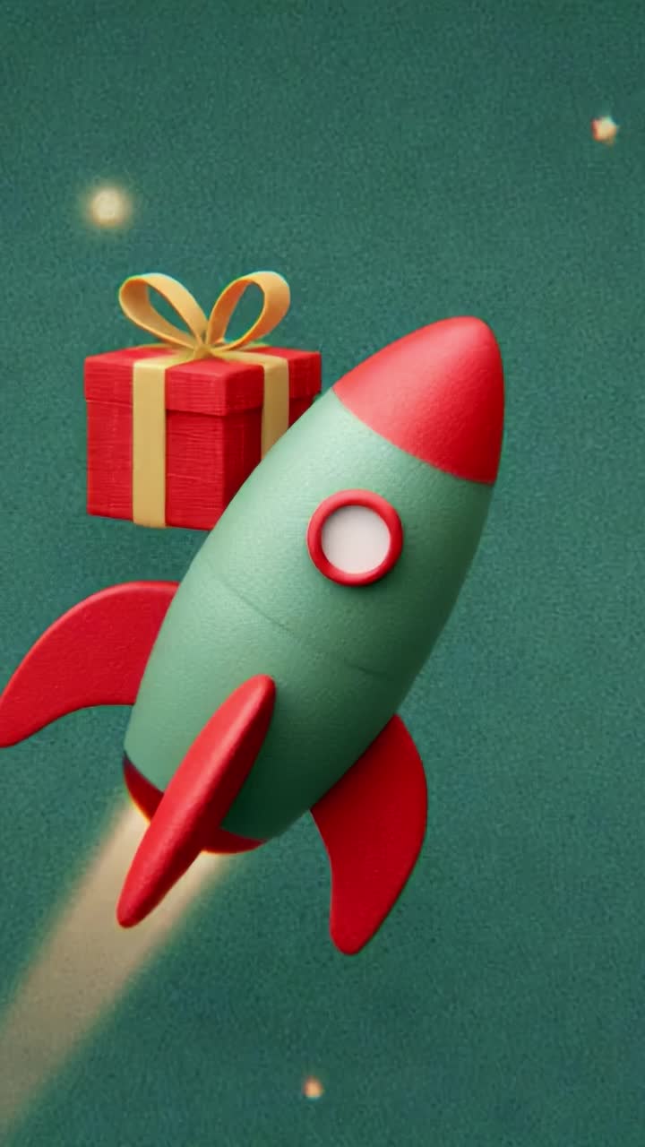 A vibrant rocket ascending into the sky while carrying a beautifully wrapped gift, embodying the spirit of adventure and celebration with dynamic motion and festive cheer against a green backdrop