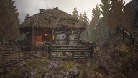 wooden log cabin in pine forest in summer