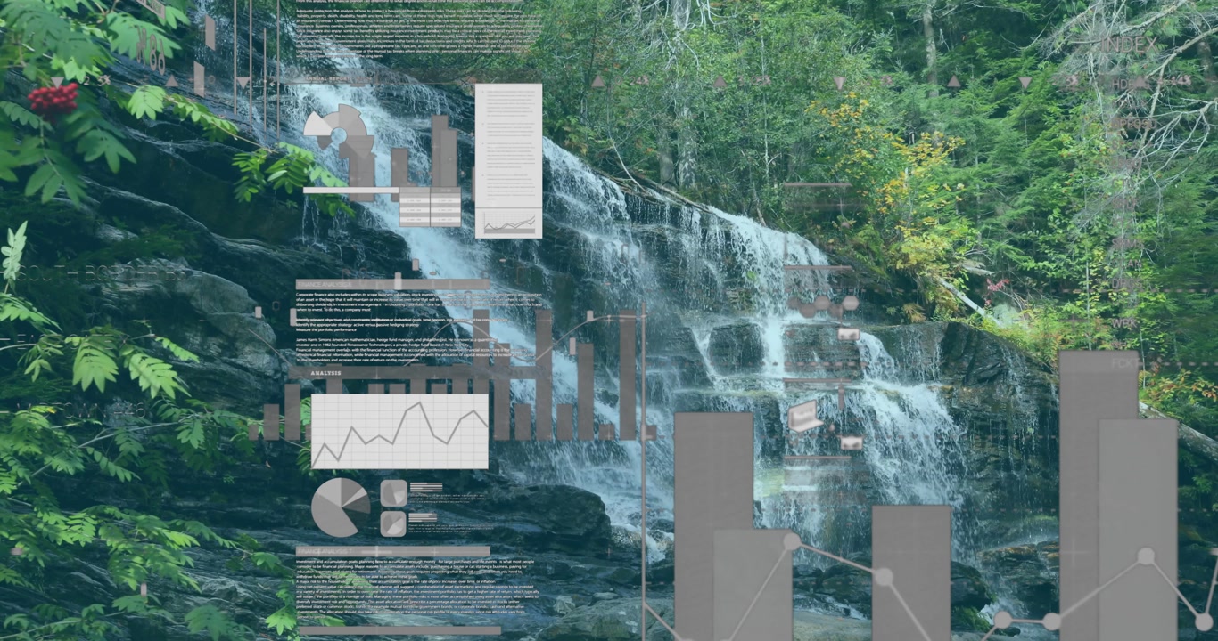Starting on forest waterfall, panels sliding in and visualizing pie charts and analytics overlay