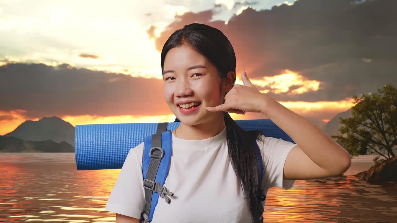 Happy Hiker Making a Phone Gesture at Sunset