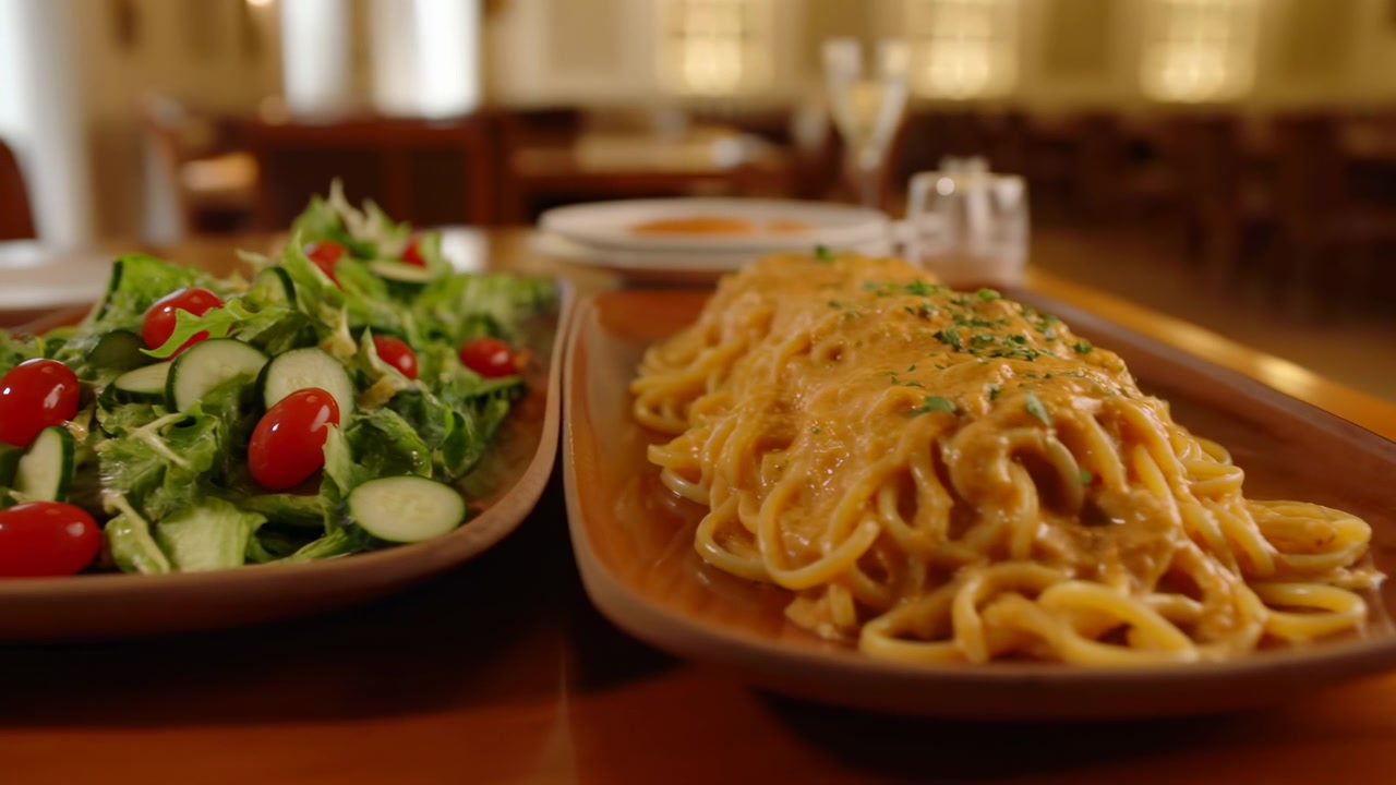 Creamy Pasta And Fresh Salad Plated On Wooden Table In Cozy Restaurant, Creamy Sauce Garnished With Parsley,