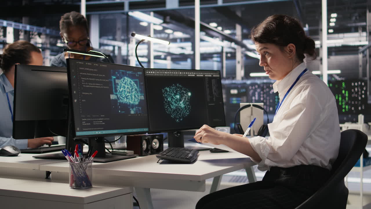 Vertical video Server room admin holding clipboard, following procedures