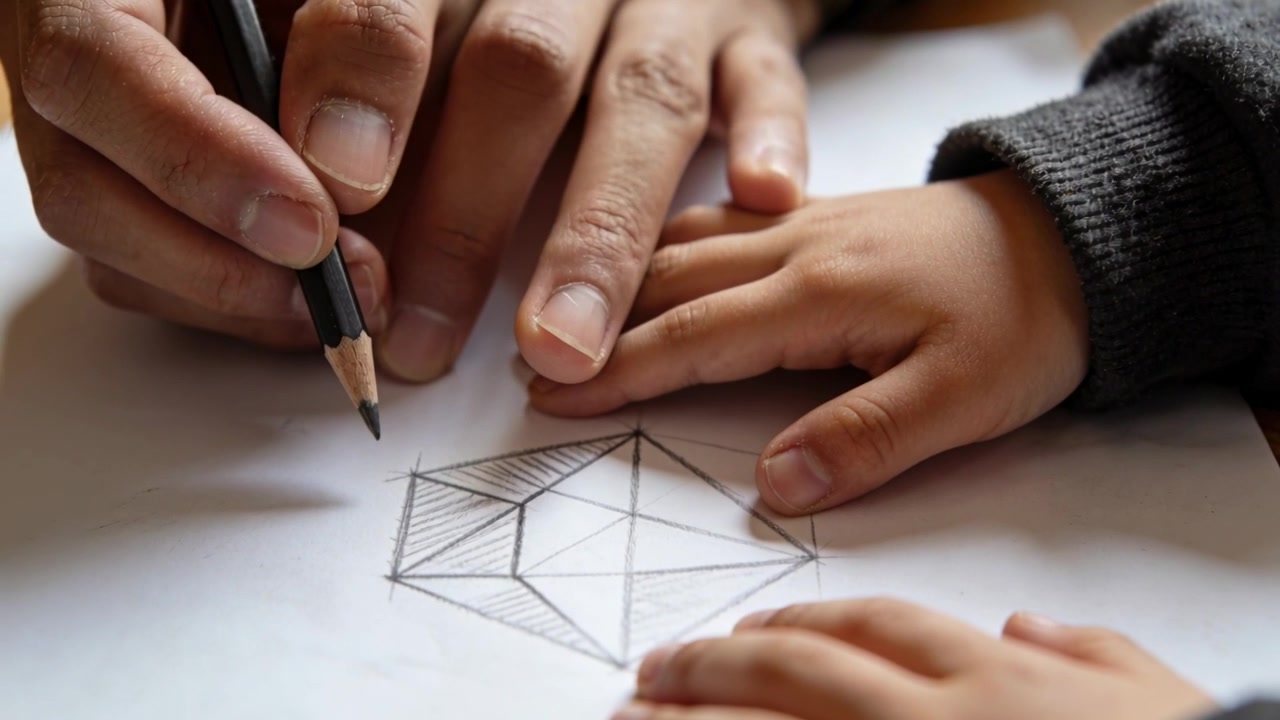 Placing pencil guiding adult hand hatching triangle at desk while child hands steadying teaching