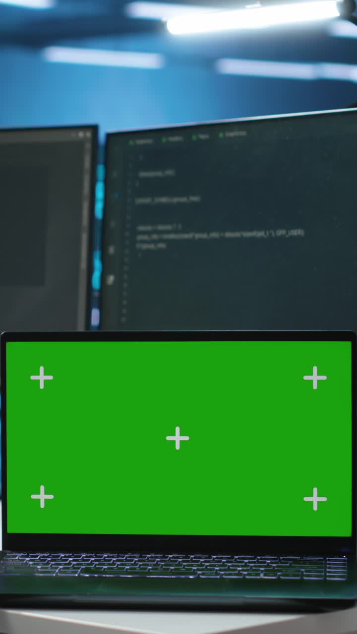 Laptop med grön skärm i ett teknikföretag