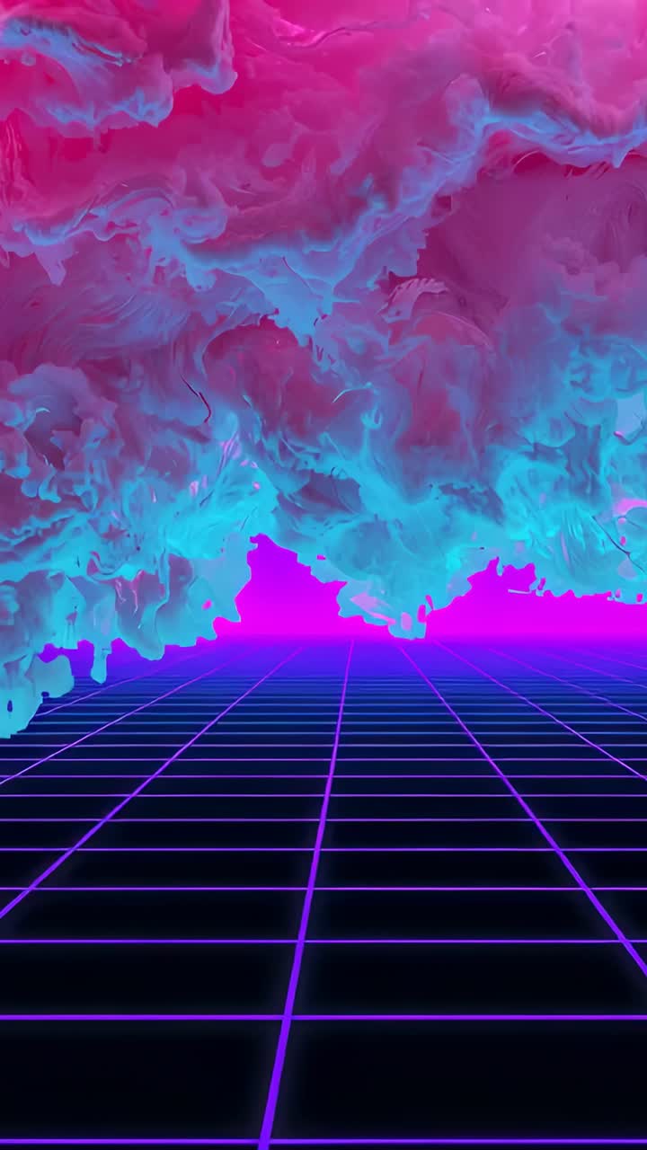 Vertical video: Panning camera to magenta horizon causing cloud shifting over neon grid adding glow