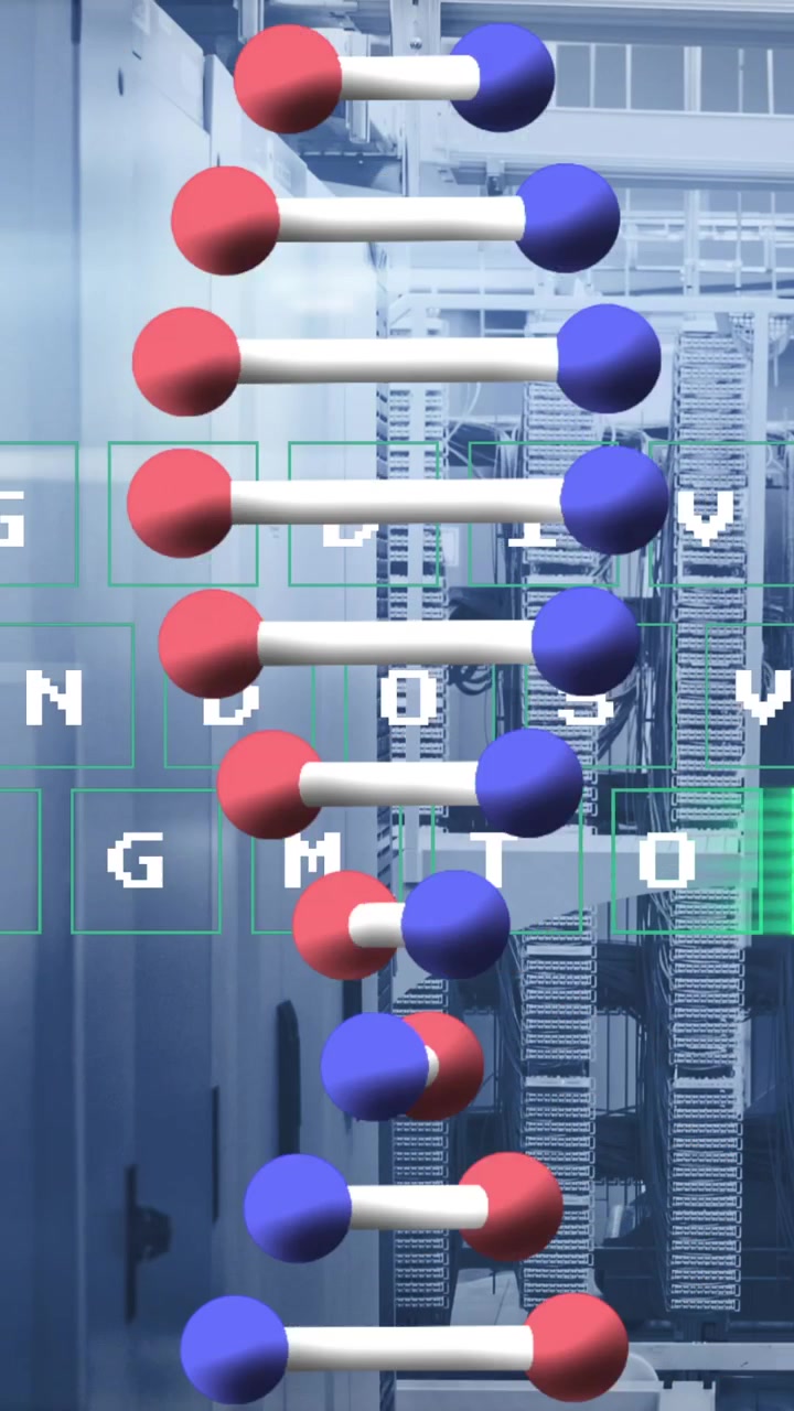 Animazione di un'elica di DNA, lettere ed elaborazione dati su server informatici