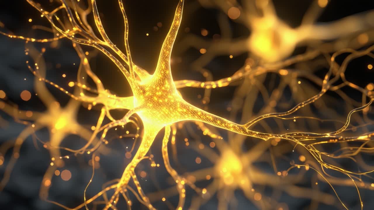 Digital animation of a neural network with glowing yellow nerve cells transmitting electrochemical signals through a synapse, representing the complexity of the human brain and nervous system