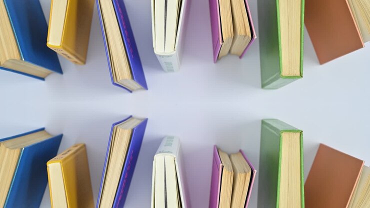 Libri vintage con copertina rigida disposti su sfondo bianco in movimento. Stop motion.