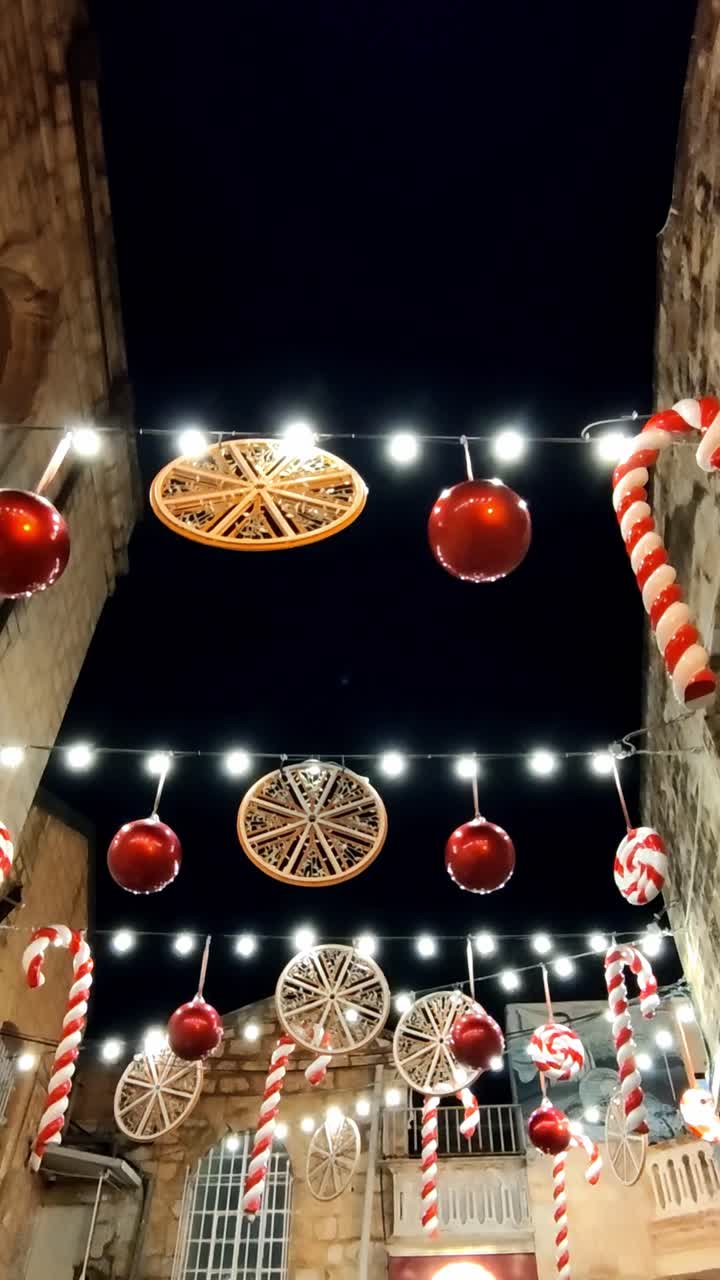 Christmas Decorations Illuminating a Jerusalem Street at Night