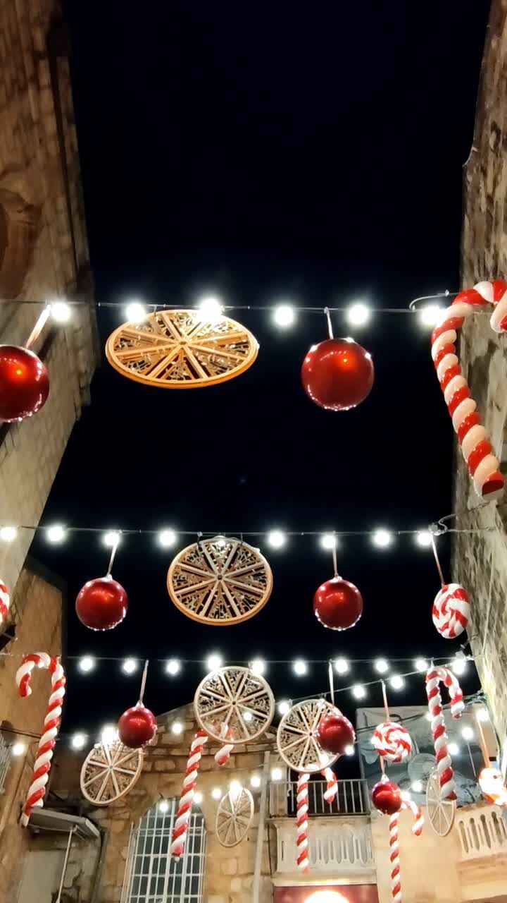 Christmas Decorations Illuminating a Jerusalem Street at Night