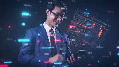 empresario asiático inteligente escribiendo datos financieros en su teléfono móvil con gráficos de bolsas futuristas, inversores empresariales, mercado de bolsa y criptomoneda ideas de tecnología digital de fondo