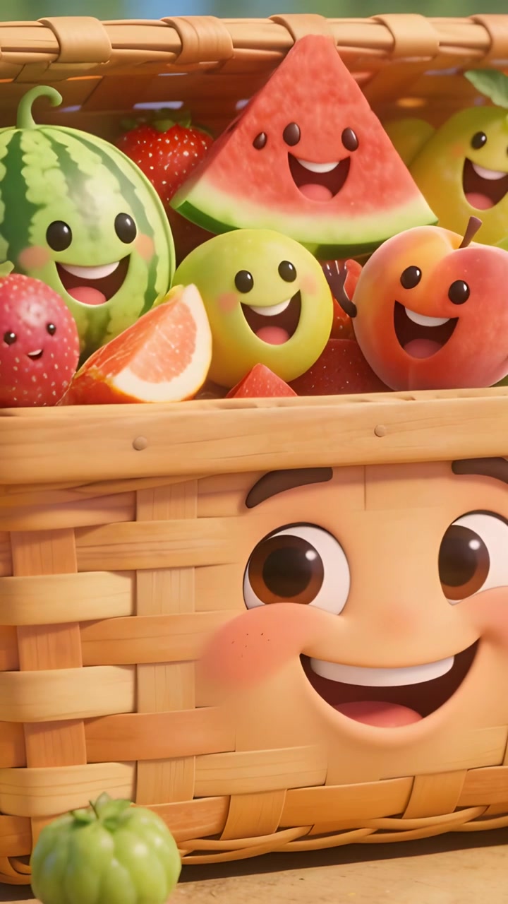 Vídeo vertical: Cesta acenando e personagens de frutas saltitando à medida que os quadros avançam, cumprimentando o espectador em um parque.