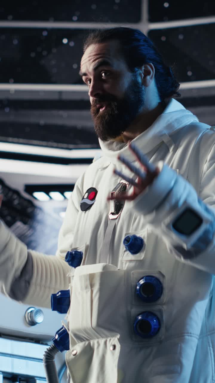 Vertical video Joyous astronaut greeting command center researchers during videocall