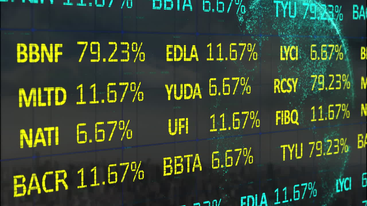Animation of trading board and rotating globe over black background