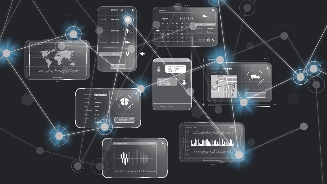 On circular nodes glowing, chat, map, calendar and graph linking, pulsing and showing data flow