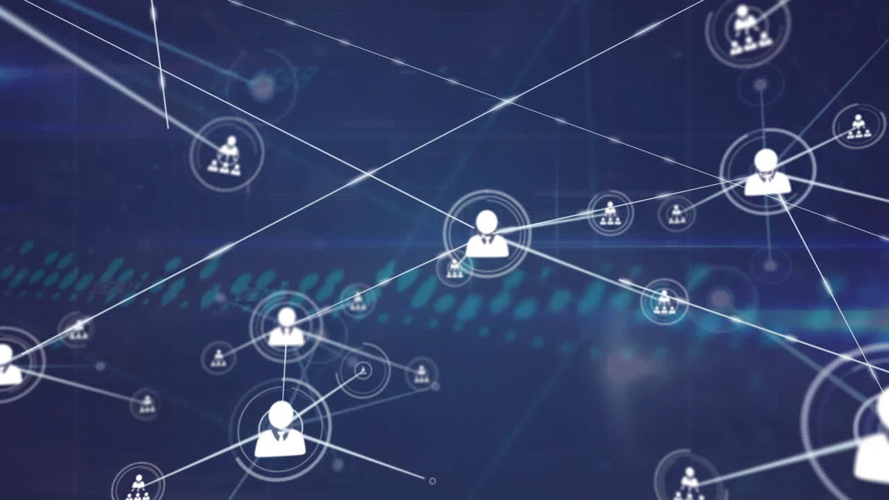 Animation of network of connections with people icons over dark background
