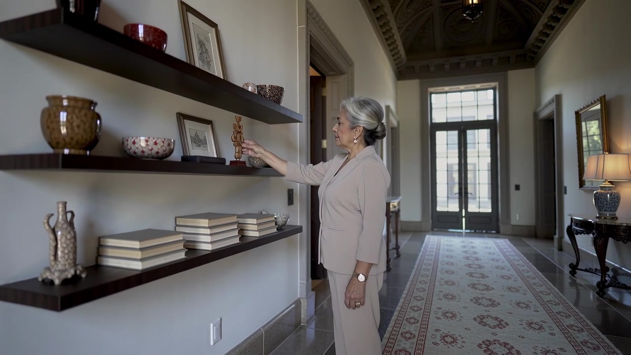 Elegante donna anziana che sistema un ornamento decorativo su una mensola a muro