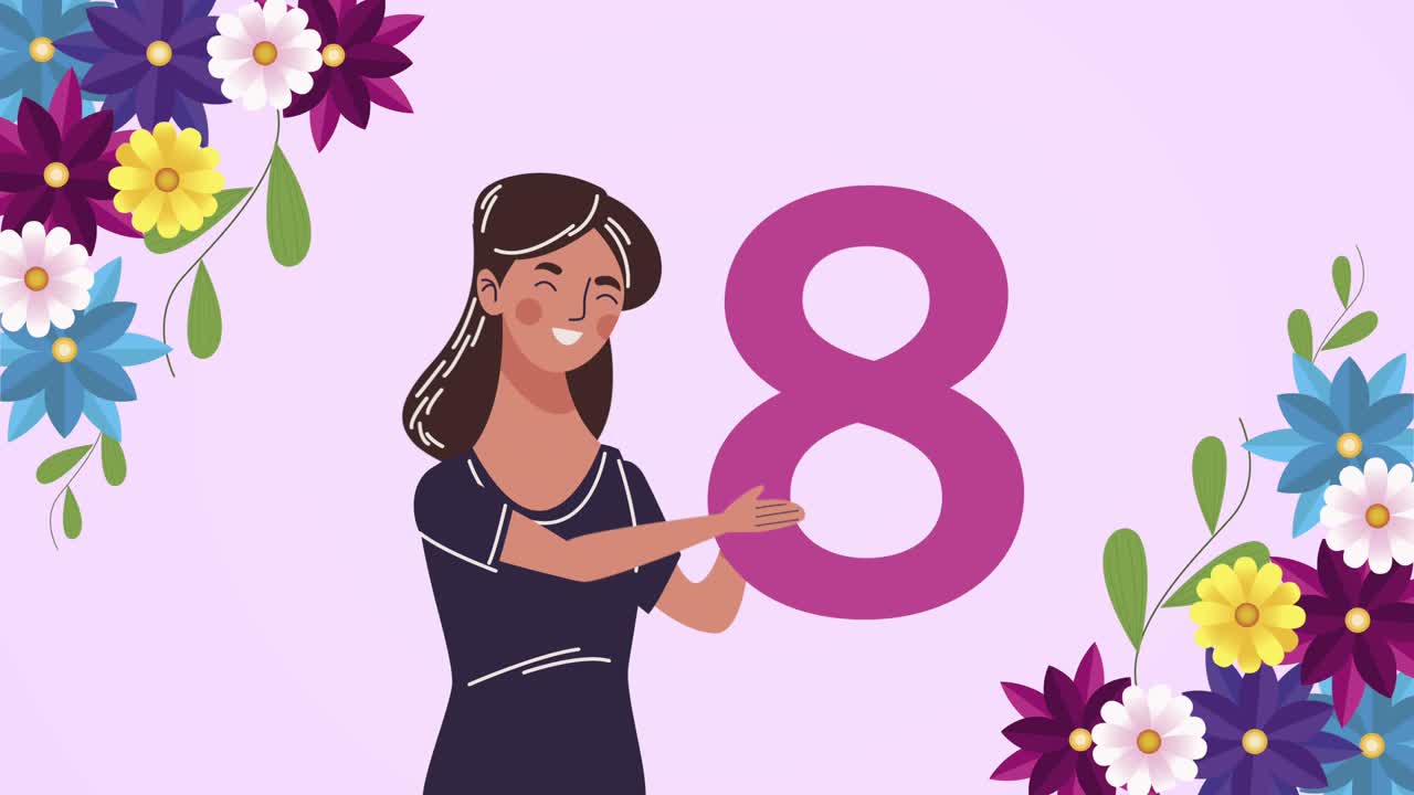 feliz tarjeta del día de la mujer con la mujer levantando el número ocho