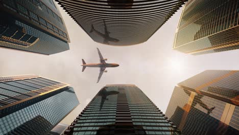 airplane flying above skyscrapers and reflects in glass modern facades. sunset light high rise city centre corporate buildings.