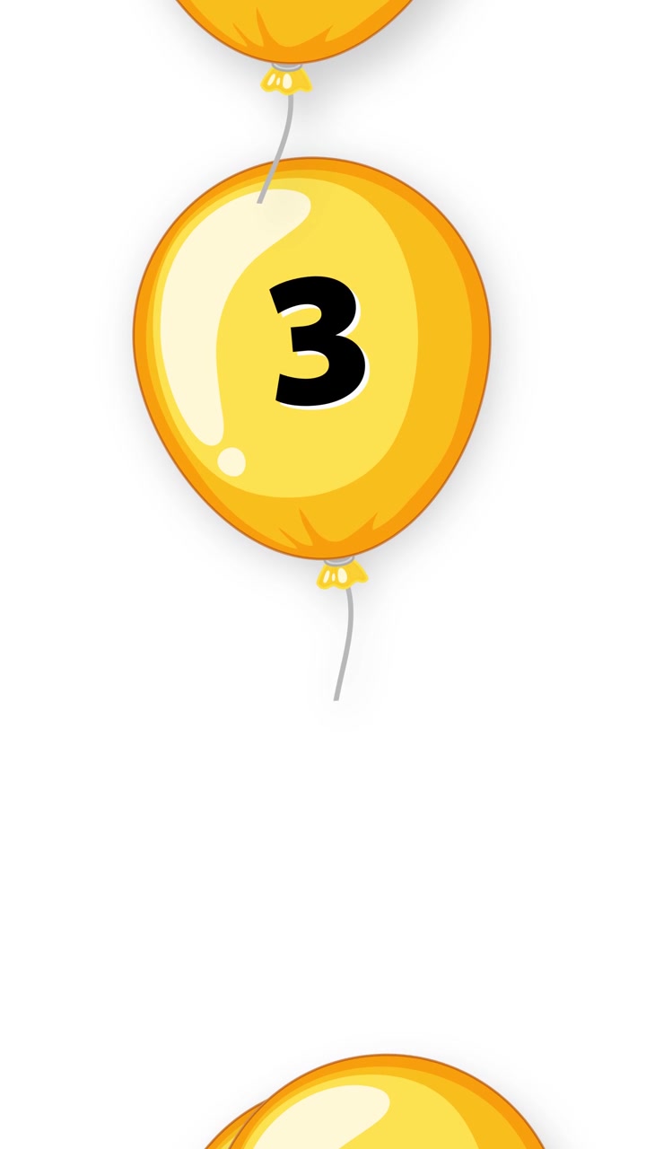Palloncini gialli animati con il numero tre che cadono verticalmente su uno sfondo bianco semplice