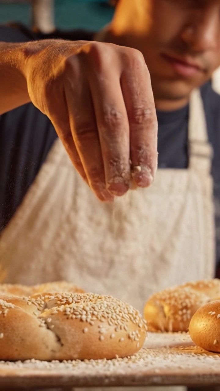 Artisan Baker Crafting Delicious Sesame Bread Rolls with Focused Precision in a Vibrant Kitchen Environment Capturing the Essence of Culinary Passion and Skill