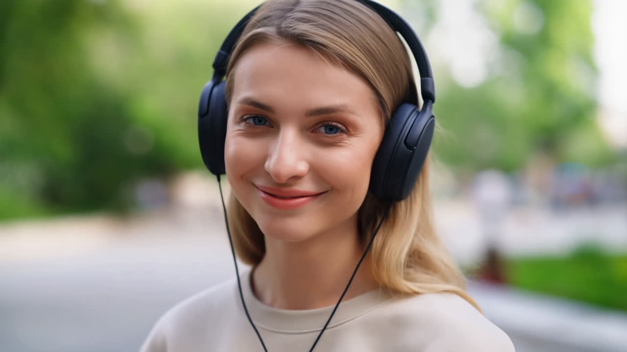 Mujer rubia joven sonriendo y escuchando música con auriculares al aire libre